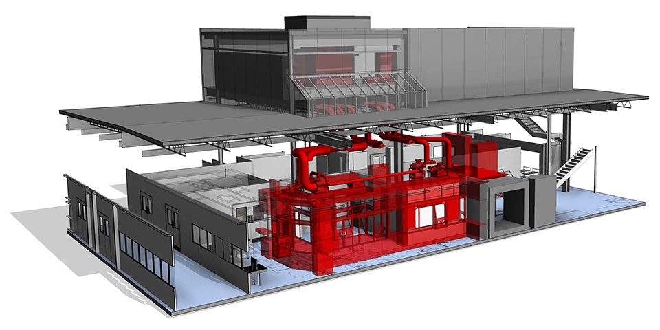 3D-CAD-Rendering für ein zweistöckiges Layout eines Abfüllprozesses. Die rote Farbe kennzeichnet Verarbeitungsanlagen, während die graue Farbe Strukturwände und HVAC-Geräte markiert.