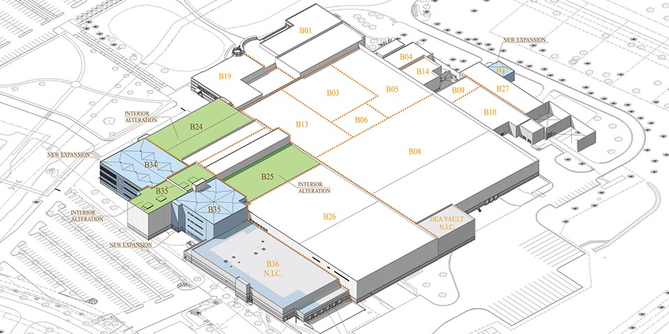 Vue d'ensemble d'un schéma simple d'un campus avec des sections du bâtiment marquées pour indiquer le lieu des travaux.