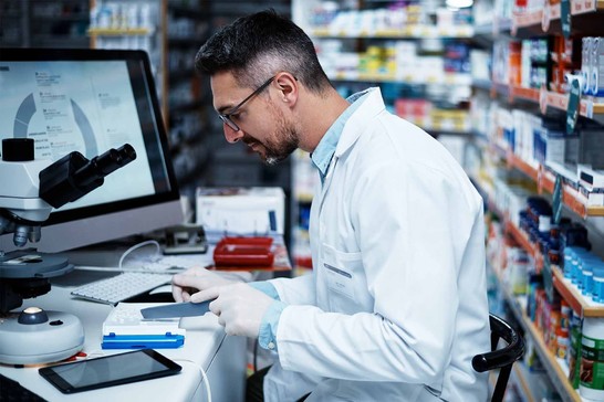 Technicien en pharmacie triant les médicaments