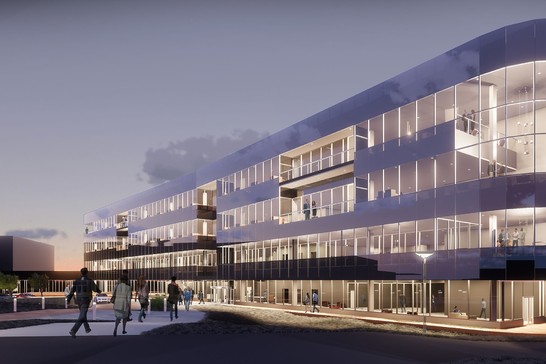 Architectural rendering of a four-floor office building at night. Each level is lit internally from the overhead lights creating a warm and inviting glow.