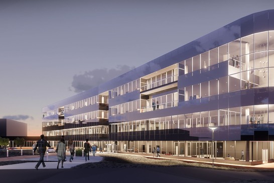 Architektonisches Rendering eines vierstöckigen Bürogebäudes bei Nacht.​​​​​​​ Jede Etage wird von den Oberlichtern im Inneren beleuchtet, wodurch ein warmes und einladendes Licht entsteht.​​​​​​​