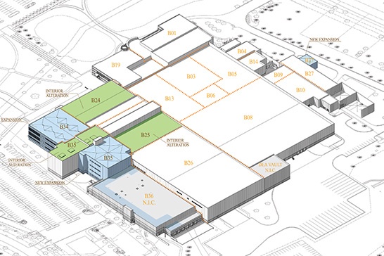 Vogelperspektive einer einfachen Zeichnung eines Campus mit markierten Gebäudeteilen, um zu zeigen, wo die Arbeiten durchgeführt werden sollen.