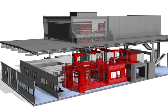 Rendu CAO en 3D d'une installation de remplissage à deux étages. La couleur rouge est appliquée aux équipements de transformation, tandis que la couleur grise est appliquée aux murs structurels et au système CVC.